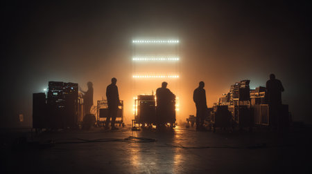 A group of silhouetted technicians prepare equipment for a concert performance, illuminated by a striking orange light, creating a dramatic atmosphere.の素材
