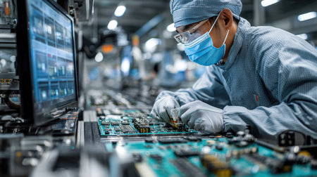 A skilled technician focuses on assembling a circuit board in a modern manufacturing facility, emphasizing precision, safety, and high-tech equipment.の素材