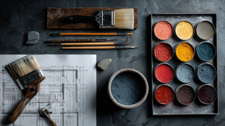 A captivating flat lay of art tools and materials showcasing brushes, paints, and architectural drawings arranged on a dark surface, highlighting creativity.の素材