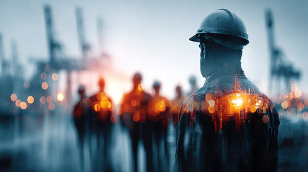 A construction worker in a hard hat gazes over an industrial landscape at sunset, surrounded by silhouettes of colleagues creating a sense of teamwork.の素材
