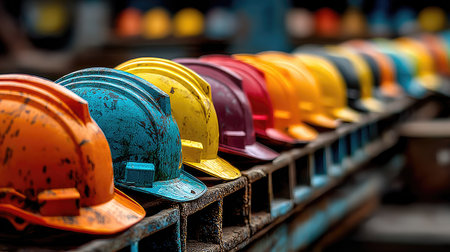 A dynamic row of colorful construction helmets showcases various colors and textures in an industrial environment, emphasizing safety and teamwork.の素材