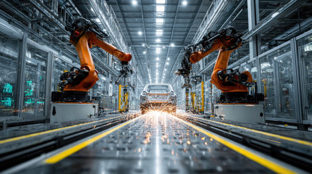 A dynamic scene capturing advanced robotic arms in action, meticulously assembling a vehicle in a high-tech automotive manufacturing facility.の素材
