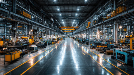 This industrial warehouse showcases a spacious interior filled with modern machinery and bright lighting, highlighting the efficiency of contemporary manufacturing environments.の素材