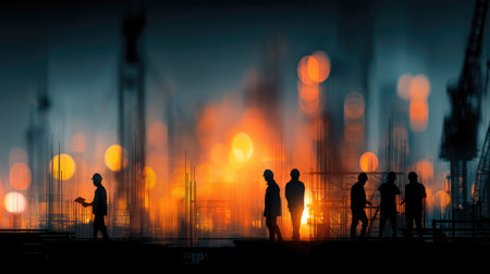 A mesmerizing industrial scene featuring silhouetted workers against an abstract backdrop of bright colors and lights, showcasing modern construction and energy.の素材