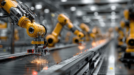 This image showcases a robotic arm engaged in an industrial manufacturing process, producing sparks while working efficiently on a conveyor system.の素材