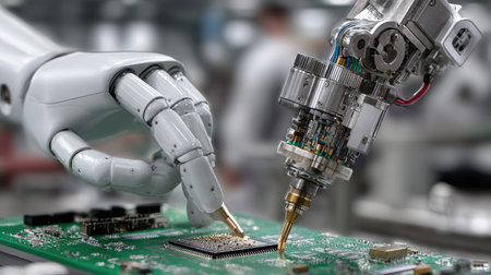 A robotic hand delicately assembles electronic components on a circuit board in a high-tech manufacturing environment, showcasing advanced technology and precision.の素材