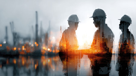 A dynamic scene showcasing engineers in silhouette, engaged in collaboration against a glowing sunset backdrop over an industrial landscape.の素材