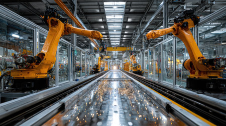 This captivating image showcases an advanced manufacturing facility featuring automated robotic arms in a high-tech production line setting. The scene highlights innovation and efficiency in modern industry.の素材