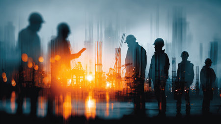 Dynamic scene showcasing silhouetted workers in safety helmets against an industrial background. The composition highlights the energy of dawn over an active site.の素材