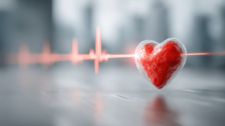 This image portrays an abstract heart symbol surrounded by a heartbeat line, set against a blurred urban backdrop, symbolizing health and vitality.の素材