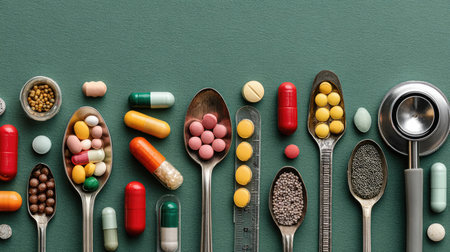This image showcases a vibrant collection of pills and capsules elegantly arranged on silver spoons against a green background, highlighting health themes.の素材