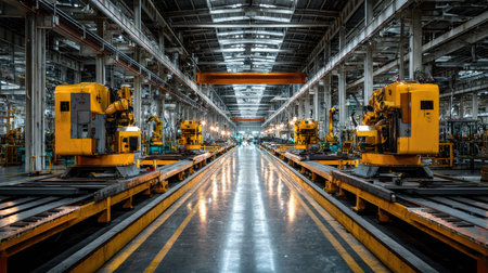 This image showcases a spacious industrial factory featuring robotic arms and assembly lines under bright lighting, emphasizing modern manufacturing technologies.の素材