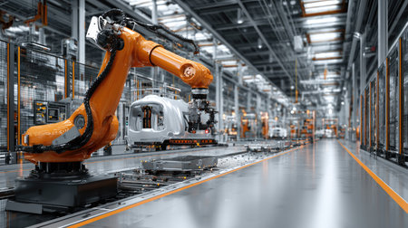 A high-tech robotic arm operates in a modern manufacturing facility, showcasing advanced automation technology and optimized production efficiency.の素材