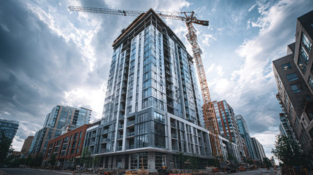 A captivating view of a modern urban building under construction with a crane towering above. Dramatic clouds fill the sky, enhancing the cityscape atmosphere.の素材