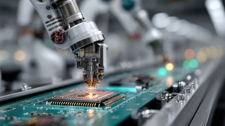 A robotic arm works meticulously to assemble a microchip on a production line in a state-of-the-art manufacturing facility, showcasing modern automation.の素材