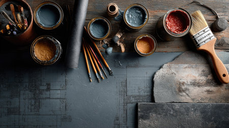 A visually captivating arrangement of various paint cans, brushes, and art supplies set on a wooden surface, perfect for inspiring creativity and DIY projects.の素材