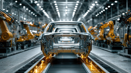 A futuristic automotive manufacturing assembly line featuring robotic arms, streamlined workflows, and metallic vehicle frameworks in a cutting-edge industrial environment.の素材