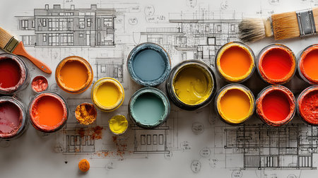 This vibrant image features an array of colorful paint cans and brushes placed over a detailed architectural blueprint, symbolizing creativity in home renovation projects.の素材