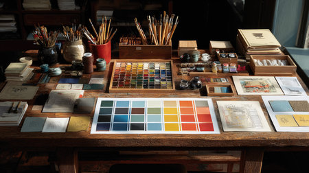 A beautifully arranged artist workspace featuring an array of paints, brushes, color swatches, and assorted art supplies, showcasing a creative environment.の素材