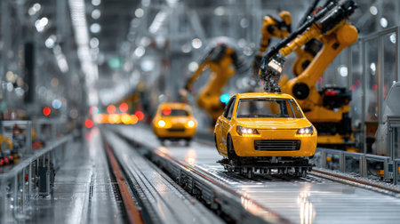 A modern factory interior showcasing a robotic assembly line where yellow cars are being manufactured, highlighting automation and technology in industry.の素材