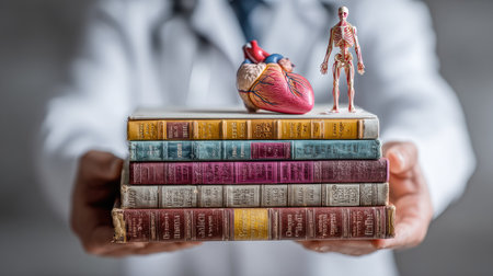 A medical professional showcases a collection of anatomy textbooks with a heart model and skeletal figure, emphasizing the importance of education in healthcare.の素材