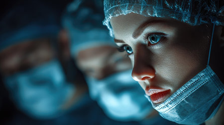 A close-up view of a focused surgeon in an operating room, showcasing intensity and professionalism during a critical procedure. The team collaborates seamlessly.の素材