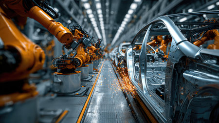 This image captures the essence of advanced robotics in automotive manufacturing, showcasing precision machinery and a dynamic assembly line with sparks flying.の素材