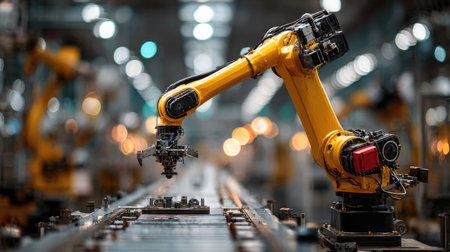 A close-up view of a yellow industrial robot arm in a bustling manufacturing facility, showcasing advanced automation technology on a production line.の素材
