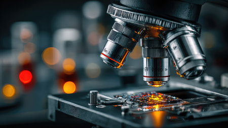 A close-up view of microscope glasses poised over a scientific sample, showcasing intricate details against a blurred bokeh background. Perfect for illustrating innovation in research.の素材