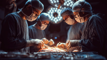 A dedicated team of surgeons works meticulously in a modern operating room, utilizing advanced technology and skillful techniques to perform a vital surgical procedure.の素材