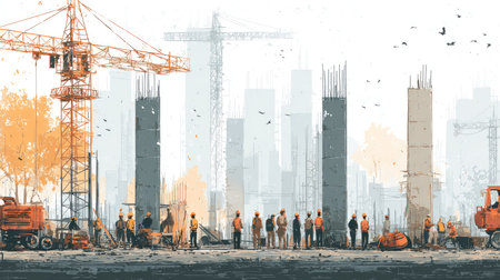 A dynamic construction site featuring workers in safety gear engaged in various tasks with cranes and columns in the background, showcasing urban development.の素材