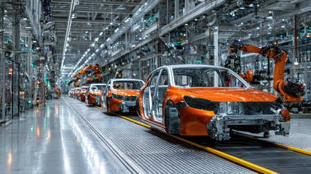 An advanced automotive manufacturing facility featuring an assembly line with robotic technology. The image captures the innovative production of vehicles, showcasing efficiency and modern engineering in a high-tech environment.の素材