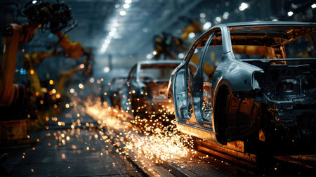 Captivating image depicting the car manufacturing process with robotic arms, bright sparks flying, and an advanced factory environment, showcasing innovation.の素材