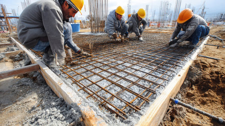 A group of construction workers actively pouring concrete and arranging rebar in a building foundation. The teamwork showcases dedication and professionalism in construction.の素材