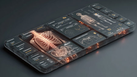 This image showcases a transparent smartphone featuring an innovative interface that visualizes human anatomy and health data. Ideal for tech and medical themes.の素材