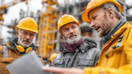 Three construction workers in safety helmets engage in a focused discussion while reviewing plans amidst an urban building site.の素材