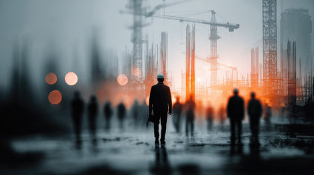 A mesmerizing view of silhouettes of workers on a construction site, featuring cranes and a foggy dusk sky, exemplifying teamwork and dedication in the industry.の素材