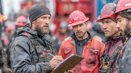 A group of construction workers dressed in rugged gear discusses plans while snow falls around them. They showcase teamwork and dedication in challenging weather while working on-site.の素材