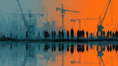 A striking image of construction workers silhouetted against a colorful sunset, with cranes and buildings in the background reflecting on the water.の素材