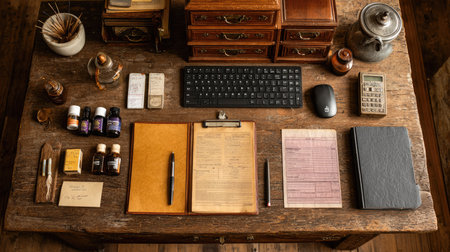 Vintage wooden desk featuring a variety of office supplies, essential oils, and neatly arranged documents, creating a serene and organized workspace.の素材