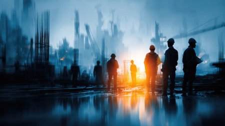 A group of silhouetted workers stands against a vibrant, illuminated industrial backdrop, capturing the essence of teamwork and labor in a construction setting.の素材