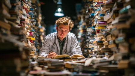 A focused young male researcher in a white lab coat is deeply engaged in studying among towering stacks of books in a dimly lit library, symbolizing academic dedication.の素材