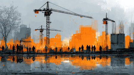 This striking image captures a construction site at sunset, featuring cranes and silhouetted workers against a vibrant orange and gray background. The scene evokes a sense of urban progress and teamwork.の素材