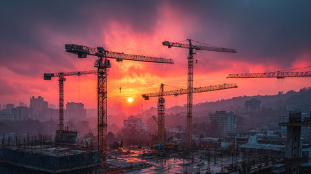 Captivating view of silhouettes of cranes at a construction site during a stunning sunset, showcasing the urban landscape and colorful sky.の素材