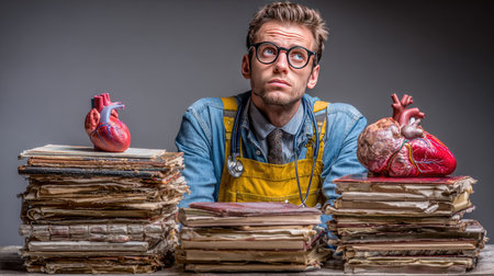 A male student looks thoughtfully amidst stacks of old books and anatomical heart models, capturing a moment of deep reflection in a creative educational environment.の素材