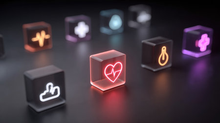 A captivating display of colorful neon health icons set on transparent blocks, illustrating modern concepts of wellness and healthcare in a vibrant design.の素材