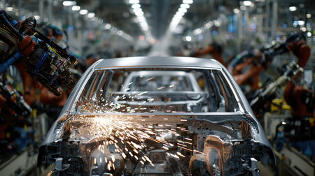 This image captures a modern automobile manufacturing environment featuring advanced robotics and sparks flying during the assembly process. It illustrates the cutting-edge technology used in car production and showcases the dynamic workflow in an industrial setting.の素材