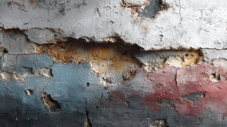 This image showcases a textured wall surface marked by peeling paint and rust, emphasizing urban decay and weathering in a minimalist design.の素材