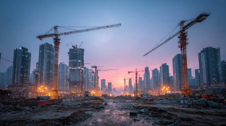 A vibrant scene of an urban construction site at dusk, showcasing cranes amidst a developing skyline, surrounded by debris and material, embodying progress.の素材
