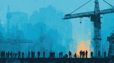 This artwork captures a construction site silhouette against a blue and orange cityscape at dusk, illustrating urban development and teamwork.の素材